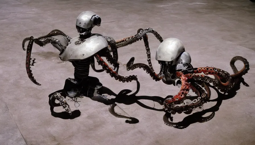 Prompt: color photograph of a battle cyborg fighting a robot octopus