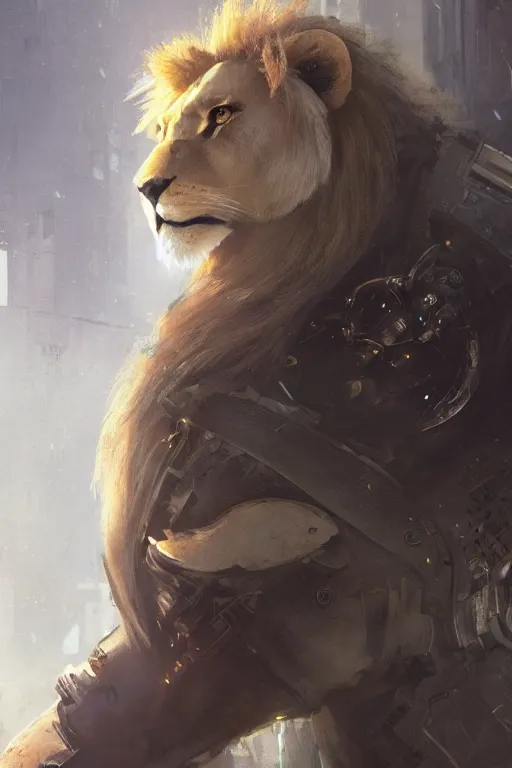 Image similar to portrait male anthro lion character full body precis no blur, concept art, character sheet, nier automata, gaston bussiere, greg rutkowski, tsutomu nihei, cyberpunk, trending on artstation, featured on pixiv, hyper detail, cinematic composition, 8 k