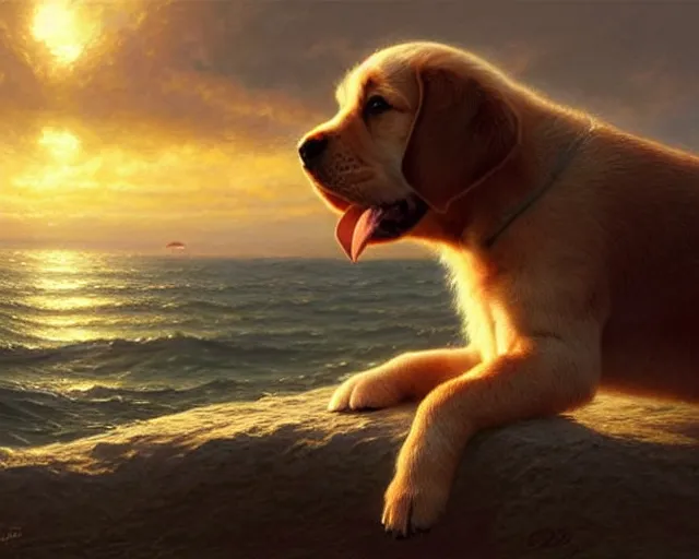 Prompt: a cute puppy with its eyes closed on a very windy day, at the sea,, wind blowing through its fur, highly detailed, hyperrealistic, intricate, sunset in the background, rays of golden red sunlight, oil painting by greg rutkowski and artgerm and wlop