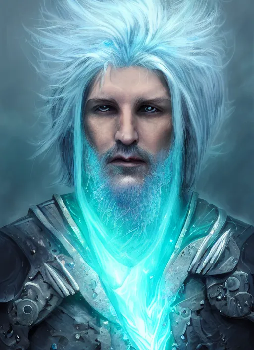 Prompt: An epic fantastic realism comic book style portrait painting of an aasimar hexblade warlock, teal electricity, male, grand angel wings, silver hair, short beard, embers falling, D&D Concept Art, unreal 5, DAZ, hyperrealistic, octane render, cosplay, RPG portrait, dynamic lighting