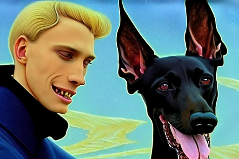 Image similar to realistic detailed closeup portrait movie shot of an elegant blond male vampire with a doberman on a leash, sci fi landscape background by denis villeneuve, amano, yves tanguy, alphonse mucha, max ernst, edward robert hughes, roger dean, rich moody colours, dog teeth, blue eyes