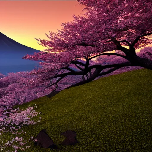 Image similar to a cinematic shot of mount fuji and cherry blossom trees and it's leaves falling on a breezy sunset, 4 k, unreal engine 6,