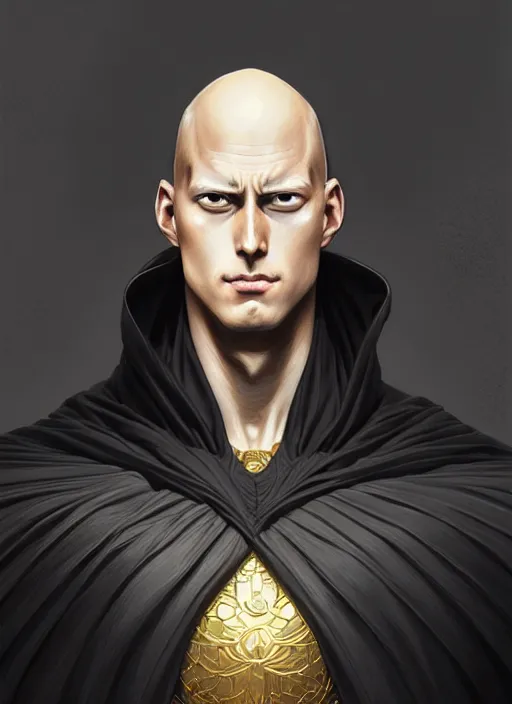 Image similar to ultra realistic illustration, handsome saitama. intricate, elegant, highly detailed, black cape, digital painting, artstation, concept art, smooth, sharp focus, illustration, art by artgerm and greg rutkowski and alphonse mucha and wlop