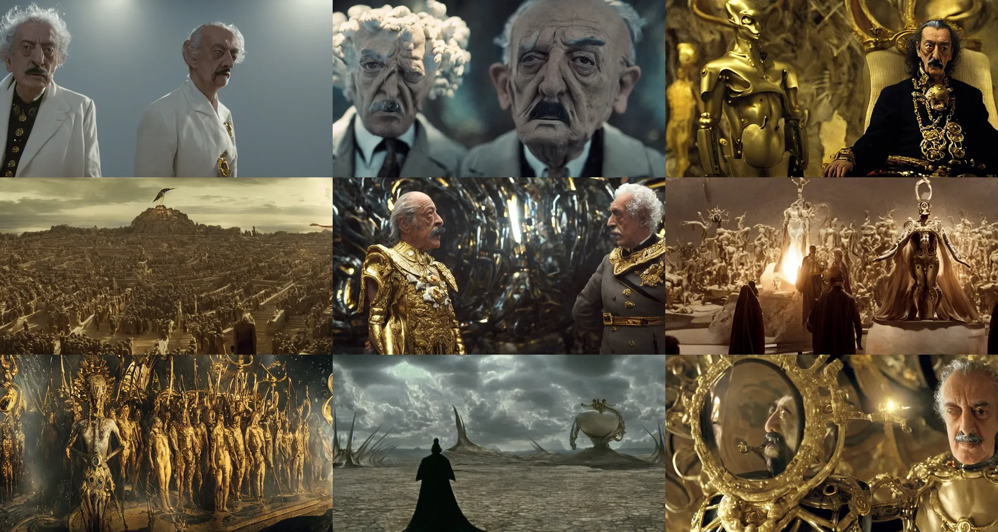 Prompt: salvador dali in the role of emperor | still frame from the prometheus movie by ridley scott and alejandro jodorowsky with cinematogrophy of christopher doyle, anamorphic bokeh and lens flares, 8 k, higly detailed masterpiece