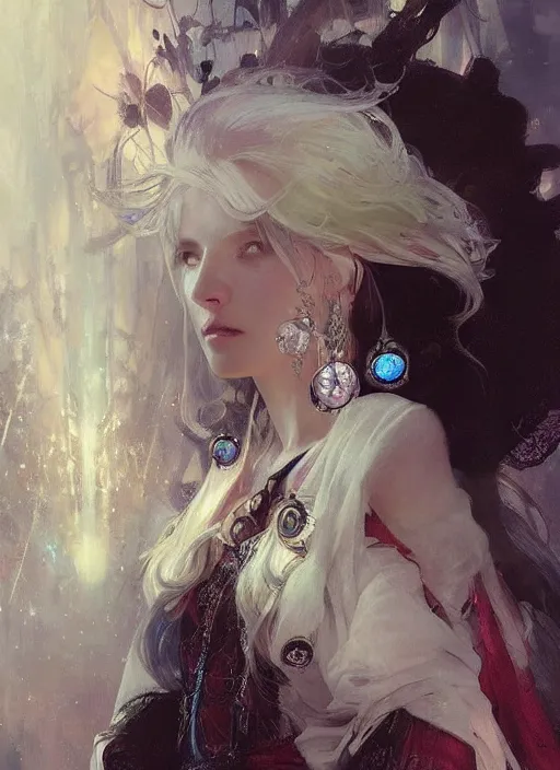 Image similar to a beatiful white haired princess, adorned with precious stone jewelry, intricate concept art, ethereal, ominous, dramatic lighting, Ruan Jia and Jeremy Mann and Alphonse Mucha