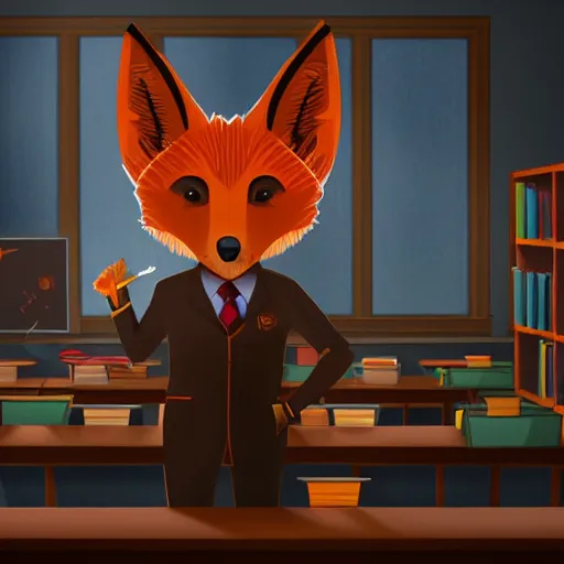 Prompt: award - winning extremely detailed fantasy art of a cute male anthropomorphic vulpes vulpes fulva teacher wearing suit working at a school, 4 k cinematic still photography, dramatic lighting, lifelike