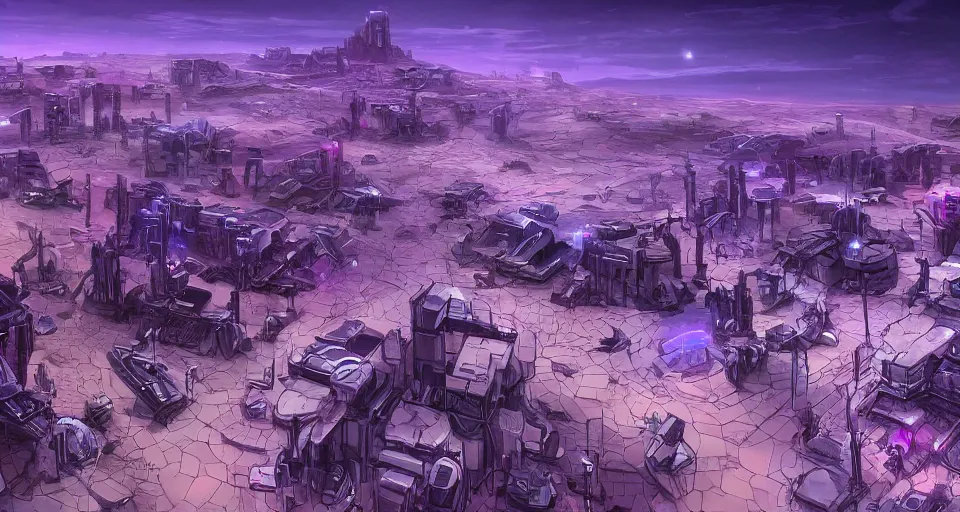 Prompt: Sci-fi landscape of an alley in a desert city, view from the top, purple color-theme, cinematic, science-fiction art wallpaper, stunning digital art