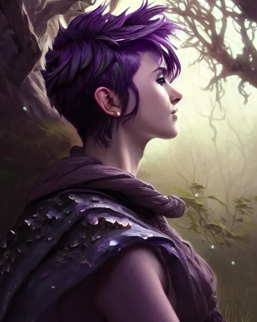 Prompt: side portrait rugged girl, adventurer outfit large cloak, fantasy forest landscape, dragon scales, fantasy magic, undercut hairstyle, short purple black fade hair, dark light night, intricate, elegant, sharp focus, illustration, highly detailed, digital painting, concept art, matte, art by WLOP and Artgerm and Greg Rutkowski and Alphonse Mucha, masterpiece