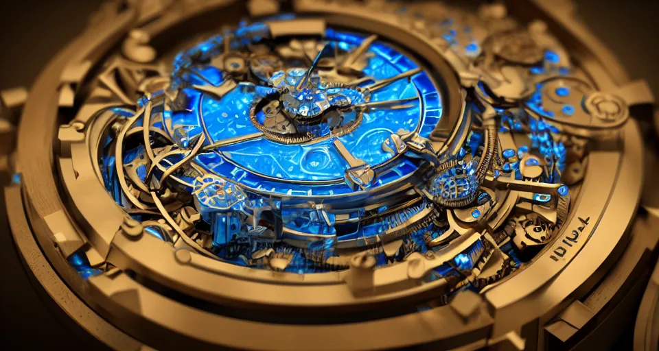 Image similar to complex 3 d render of a futuristic steampunk watch lying on a table, high detail, sharp focus, glowing blue interior components, fractal detail, depth of field, bokeh, cinematic lighting and composition, octane render, film grain, piaget