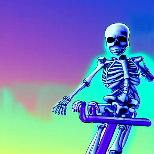 Prompt: a skeleton in cyberspace, detailed, outrun, synthwave, vaporwave, complimenting color scheme