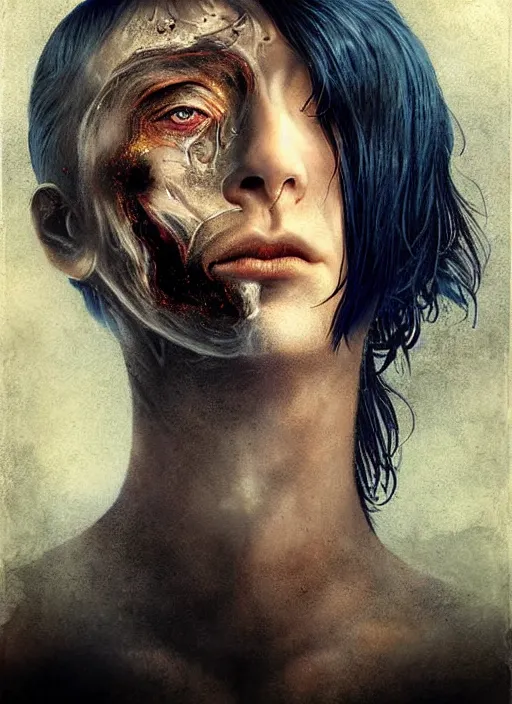 Image similar to an ominous portrait of a burned man with beautiful blue eyes and short brown hair, art by manuel sanjulian and tom bagshaw
