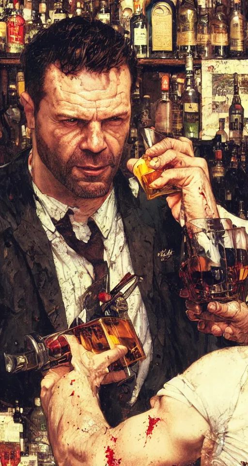 Image similar to close up of bloodied max payne pouring whisky, sun shining, photo realistic illustration by greg rutkowski, thomas kindkade, alphonse mucha, loish, norman rockwell.