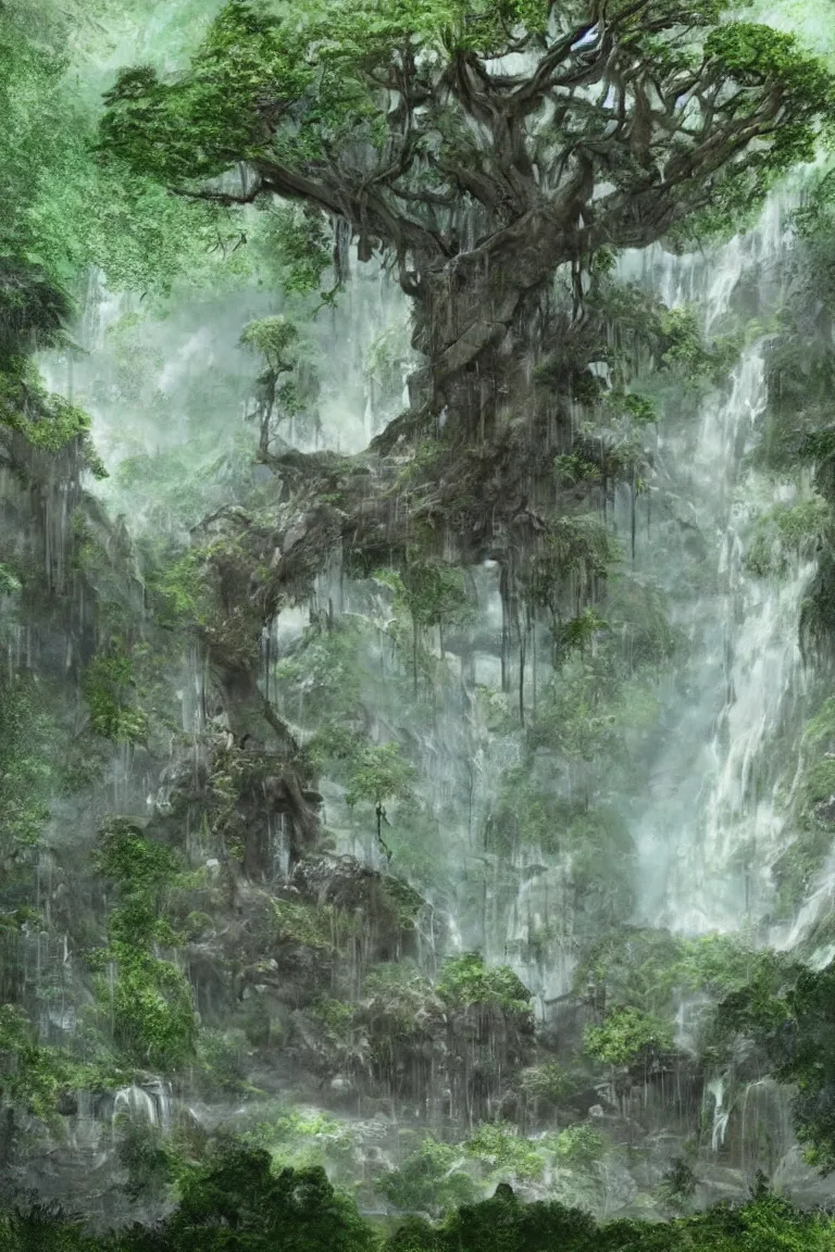 Image similar to a victorian mansion carved into a huge tree beside a waterfall in a dense jungle, concept art