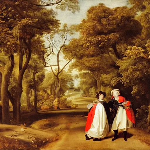 Image similar to a couple walking in central park wearing fine clothes surrounded by vegetation on fall. fine art, oil on canvas baroque style 1 6 5 6 by diego velasquez.