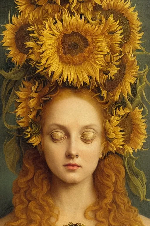 Prompt: hyper realistic painting portrait of the lady of sunflowers, occult diagram, elaborate details, rococo, baroque, gothic, intrincate ornaments, gold decoration, caligraphy, occult art, illuminated manuscript, oil painting, art noveau, in the style of roberto ferri, gustav moreau, jean delville, bussiere, andrew gonzalez, jim harter