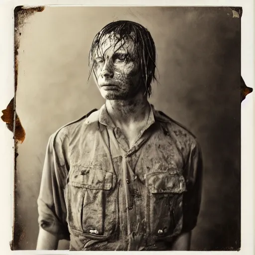 Prompt: A wet-collodion styled portrait of a disheveled solider coming back from battle looking defeated, staring straight into the camera. Depth of field, smokey background, high contrast, extremely detailed.