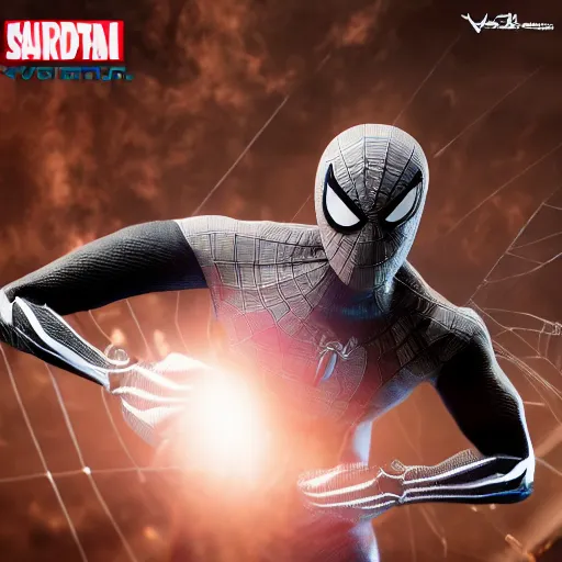 Image similar to black spider - man suit with white web lining, cinematic, volumetric lighting, realistic, hyperdetailed, photorealistic, photograph