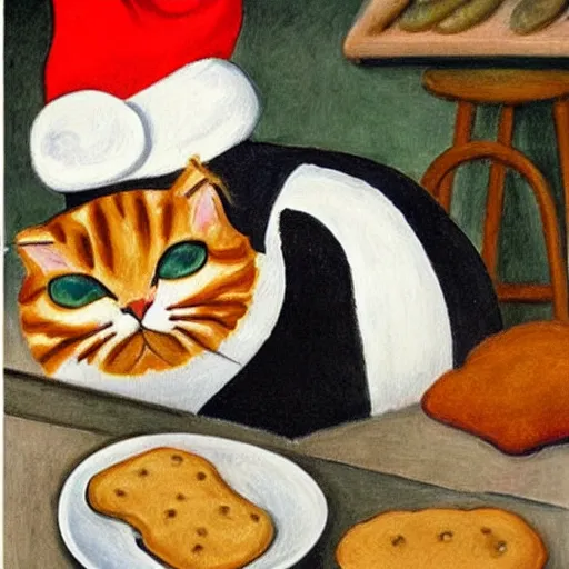 Image similar to a highly detailed painting of a cat with a chef hat baking cookies, done in the style of matisse, caravaggio