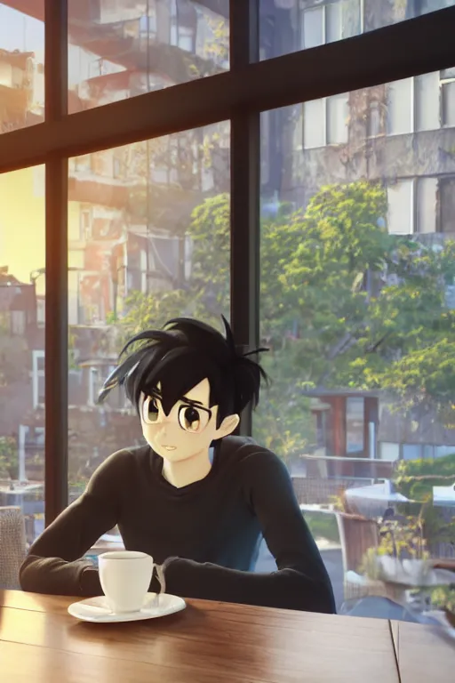 Image similar to a man sitting on a café table mext to a window and holding a cup of coffee at sunset, anime style, Pixar style, black hair, 4K, cartoon, concept art, octane render, unreal engine 5, path tracing, complementary colours, serene scene, warm, cute, natural lighting, high quality, highly detailed, high coherence, defined face, five fingers, anatomically correct, soft lighting, close view