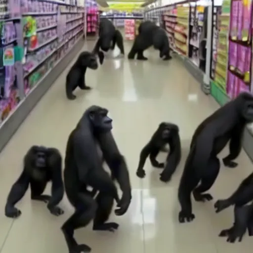 Image similar to cctv footage of a herd of gorillas raiding a walmart with people running away