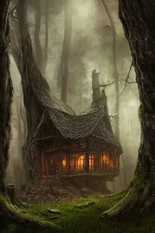 Image similar to the wooden house of a ancient witch in an ancient old forrest, eeire mood, Dynamic lighting, cinematic, establishing shot, extremely high detail, photo realistic, cinematic lighting, , post processed denoised, concept design, concept art, artstation, matte painting, midjourney, style by alex ross, raphael lacoste, eddie mendoza