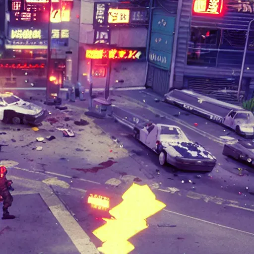 Prompt: 1991 Isometric Video Game Screenshot, Anime Neo-tokyo Cyborg bank robbers vs police shootout, bags of money, Police officer hit, Bullet Holes and Blood Splatter, Hostages, Smoke Grenade, Cyberpunk, Anime VFX, Violent, Action, Fire fight, FLCL, Free-fire, Highly Detailed, 8k :4 by Katsuhiro Otomo + Studio Gainax + Arc System Works : 8