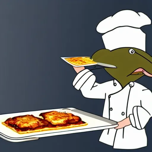 Prompt: cute platypus on a kitchen wearing a chef hat and holding a lasagna into an oven, anime style