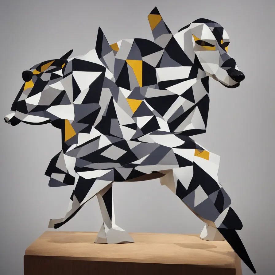 Prompt: beautiful gallery show studio photograph of a giant realistic geometric ceramic sculpture of a greyhound!!!!, heavily glazed by bridget riley and victor vasarely, placed on a polished wooden table, colorful hyperrealism 8 k trending on artstation