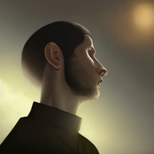 Prompt: Close up of a young, thin and stern catholic priest in his thirties fervently praying as he is about to die from the ominous Lovecraftian yellow shadow descending upon him from the night sky. Low angle, dramatic lighting. Award-winning digital art, trending on ArtStation