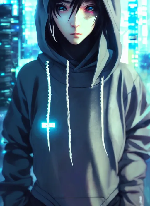 Image similar to cyberpunk anime girl in hoodie, realistic face, beautiful face, grafity, neonpunk, alita, arcane, action, tokyo street, detail, good face, pose model, concept art, in style of yoji shinkawa, pan ren wei, col price, atey ghailan, by greg rutkowski, aesthetic