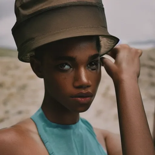 Prompt: realistic photoshooting for a new arcteryx lookbook, color film photography, portrait of a beautiful woman, model is wearing a bucket hat, photo in style of tyler mitchell, 3 5 mm,