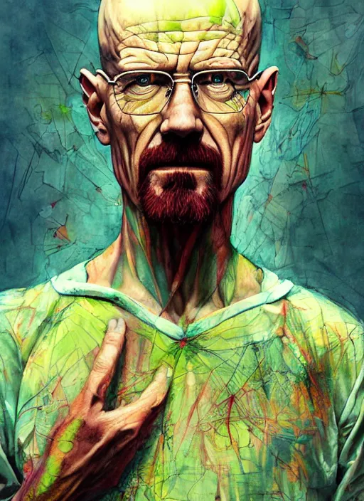 Image similar to a Demon Slayer portrait of Walter White, tall, pale-skinned, slender with lime green eyes and long eyelashes by Stanley Artgerm, Tom Bagshaw, Arthur Adams, Carne Griffiths, trending on Deviant Art, street art, face enhance, chillwave, maximalist, full of color, glittering