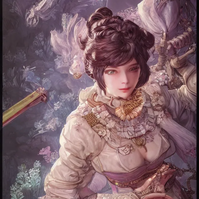 Image similar to the portrait of neutral good colorful female cleric bard as absurdly beautiful, gorgeous, elegant, young gravure idol, an ultrafine hyperdetailed illustration by kim jung gi, irakli nadar, intricate linework, sharp focus, bright colors, octopath traveler, final fantasy, unreal engine 5 highly rendered, global illumination, radiant light, detailed and intricate environment