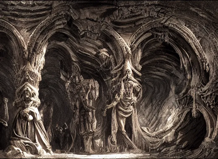 Image similar to underground cavern. carved archway imposing stone ( 8'tall ). decorative carvings ( people writhing in agony, some with dissolving flesh, others skeletal ). edgar maxence and caravaggio and michael whelan and delacroix style, artistic, intricate painting, cinematic lighting, hyper realistic, extremely detailed, vivid colors, establishing shot, dramatic lighting.