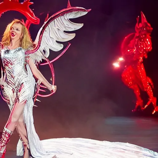 Prompt: kylie minogue as the devil in hell, wearing stilettos and with large white angel wings