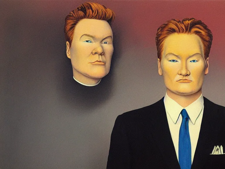 Image similar to Close-up portrait of Conan O'Brien , painting by René Magritte, high detail, high resolution