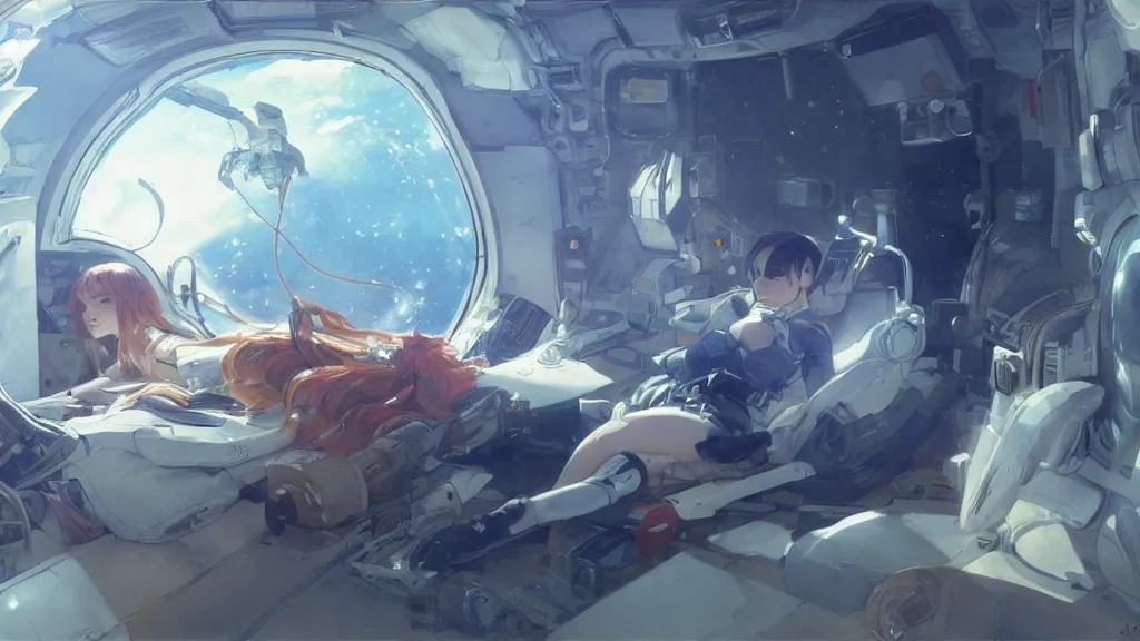 Prompt: high budjet scifi hollywood film mechanic anime girl in oxygen mask sleeping in bed inside spaceship, trending on pixiv fanbox, painted by gaston bussiere, makoto shinkai, akihiko yoshida, gaston bussiere, craig mullins