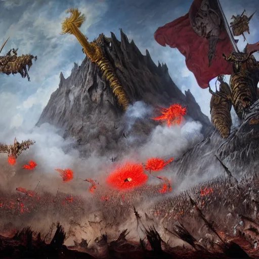 Image similar to an army of demons flying out of a volcano with flag bearers and trumpeters, intricate detail, royo, vallejo, frazetta, giger, klimt, miro, whealan, hd, unreal engine,