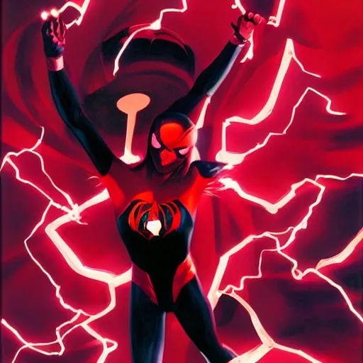 Image similar to jessica drew spider - woman, flying, dramatic volumetric red lights, art by alex ross
