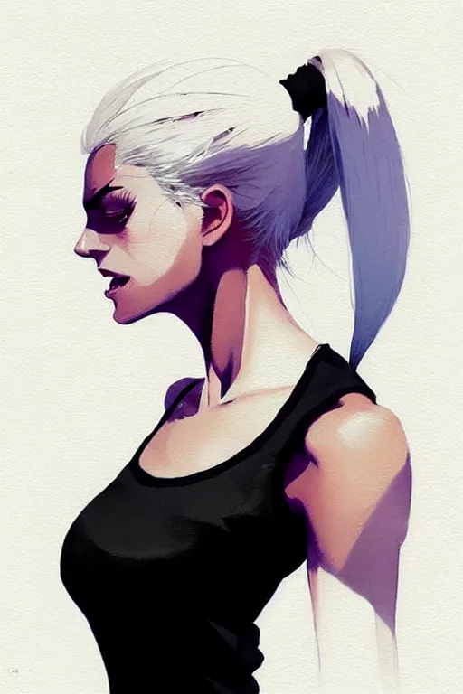 Image similar to a ultradetailed beautiful painting of a stylish woman in with white hair in a ponytail, she is wearing a black tank top, by conrad roset, greg rutkowski and makoto shinkai trending on artstation