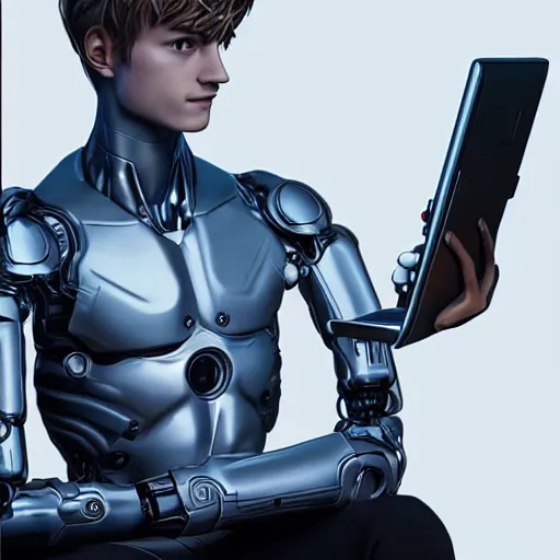 Image similar to “a realistic detailed photo of a guy who is an attractive humanoid who is half robot and half humanoid, who is a male android, twitch streamer Ninja Tyler Blevins, shiny skin, posing like a statue, blank stare, on a gaming chair streaming”