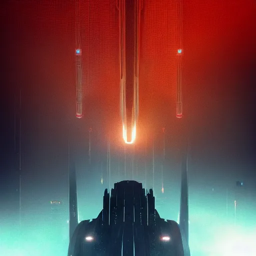 Image similar to giant futuristic cyberpunk spacecraft, blade runner, dense fog, bloom, cinematic lighting, ultra detailed, trending on artstation, dune style, mid tone, denis villeneuve