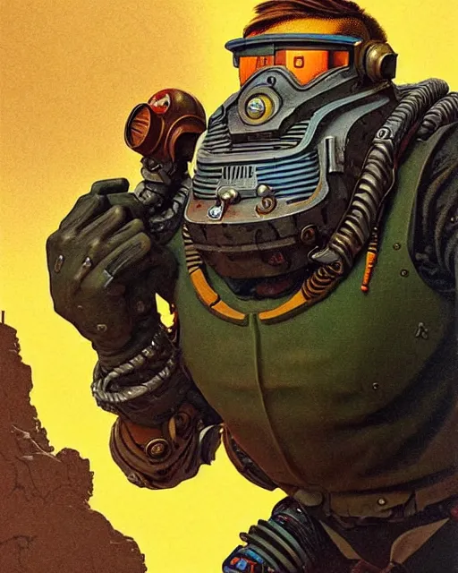 Image similar to torbjorn from overwatch, character portrait, portrait, close up, concept art, intricate details, highly detailed, vintage sci - fi poster, retro future, vintage sci - fi art, in the style of chris foss, rodger dean, moebius, michael whelan, and gustave dore