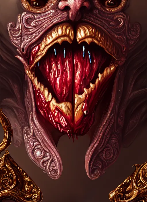 Image similar to incubus sticking out tongue with blood, realistic, surealism, lavish, steep, aesthetic, extravagant, shiny, fantasy, intricate, elegant, extremely higly detailed, digital painting, artstation, ornate, grotesque, baroque, concept art, smooth, sharp focus, by joongwon charles jeong and diego fazio