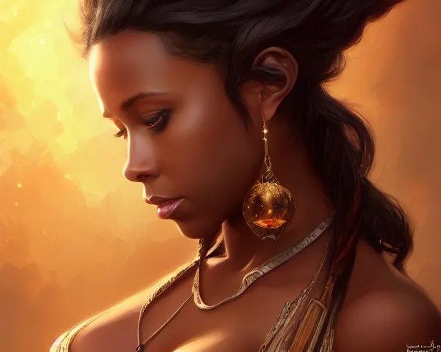 Prompt: photography of young black jennifer love hewitt, dark skin, deep focus, d & d, fantasy, intricate, elegant, highly detailed, digital painting, artstation, concept art, matte, sharp focus, illustration, hearthstone, art by artgerm and greg rutkowski and alphonse mucha