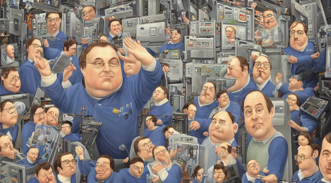 Image similar to Wallpaper of Linus Torvalds in a datacenter painted by fernando botero