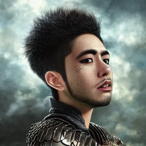 Prompt: anime of young hispanic man with facial stubble, brown eyes, full body, reptile armor by akira toriyama hyper realistic, dark fantasy detailed, high definition insanely detailed, bitter wide angle lens dark lighting, moody lighting