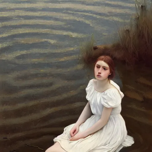 Prompt: a painting of a girl in a white dress, laying in a river, looking down, ophelia, an oil painting by jeremy lipking, behance contest winner, figurative art, detailed painting, oil on canvas, pre - raphaelite