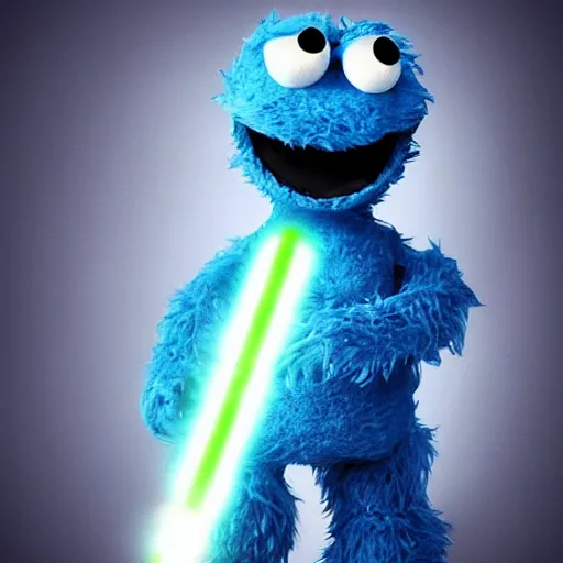 Prompt: angry cookie monster holding a lightsaber, epic anime style.