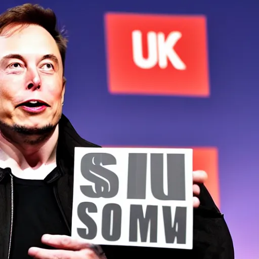 Image similar to a medium shot photograph of elon musk holding a sign with the word soon on it, 4k, ultra HD